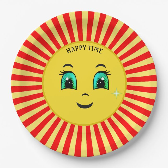 Assiette en papier Soleil levant mignon visage heu (Devant)