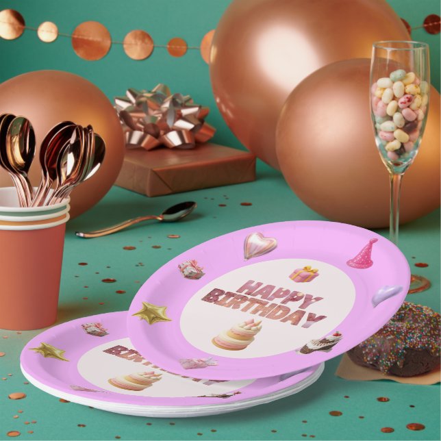 Assiette en papier thème anniversaire rose pastel (Multi)