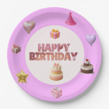 Assiette en papier thème anniversaire rose pastel