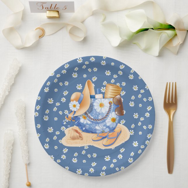 Assiette en papier thème plage girly bleu avec fle (Mariage)