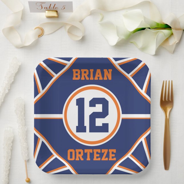 Assiette en papier thème sportif bleu et orange (Mariage)