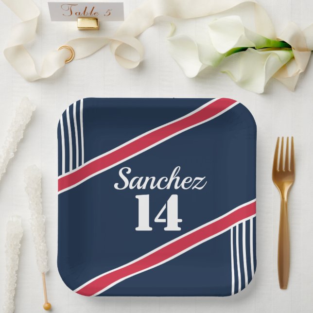 Assiette en papier thème sportif Navy et Rouge (Mariage)