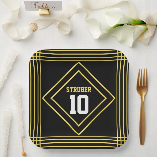 Assiette en papier thème sportif noir et jaune (Mariage)