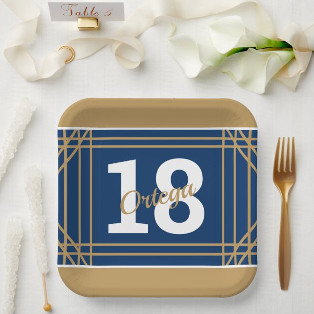 Assiette en papier thème sportif Or & Bleu (Mariage)
