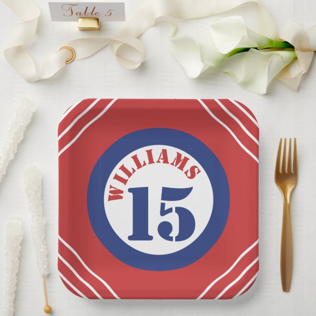 Assiette en papier thème sportif rouge et bleu (Mariage)