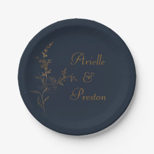 Assiette en papier Tige de rose Navy et Or élégant