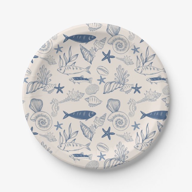 Assiette en papier toile de mer bleue (Devant)