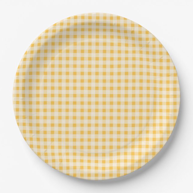 ASSIETTE EN PAPIER VICHY JAUNE PAYS RUSTIQUE (Devant)