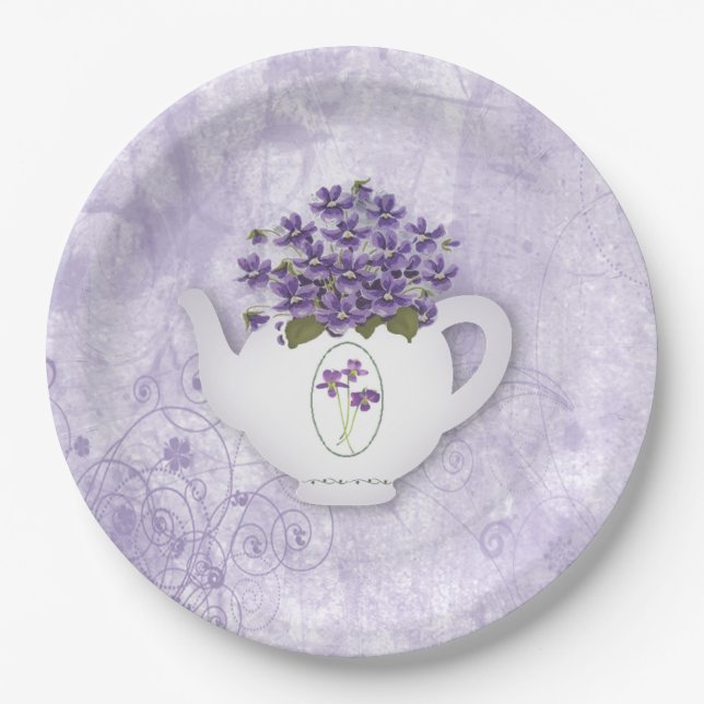Assiette En Papier Violettes Dans Théière (Devant)