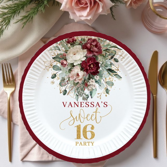 Assiette Fancy Sweet 16 Blush Bourgogne Or (Fancy Sweet 16 Blush Burgundy Gold Plate)