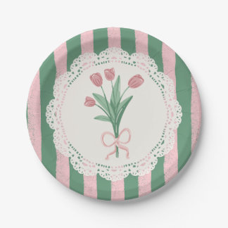Assiette Fantaisiste Ruban Rose Tulipe Vintage