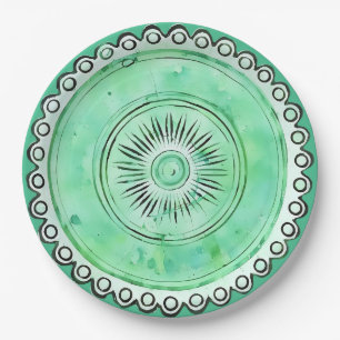 Assiette fausse porcelaine verte antique en soleil