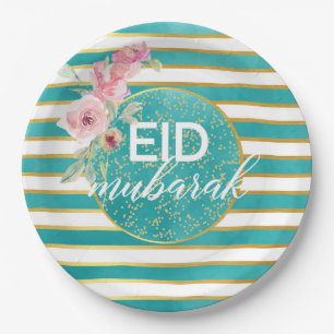 Assiette florale sarcelle dorée Eid Mubarak