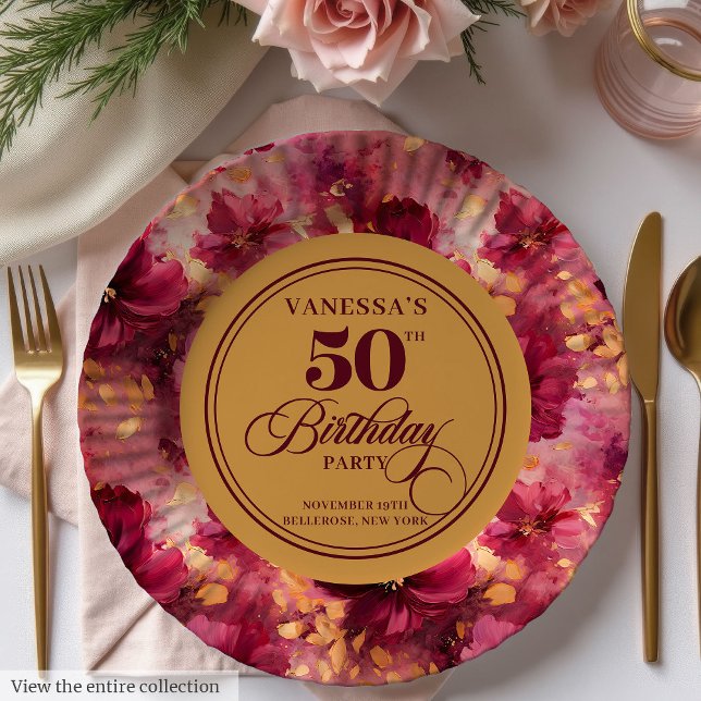 Assiette Luxueuse Bohème Marsala Rose Doré 50e Ann (Luxury Boho Marsala Blush Gold 50th Birthday Plate)