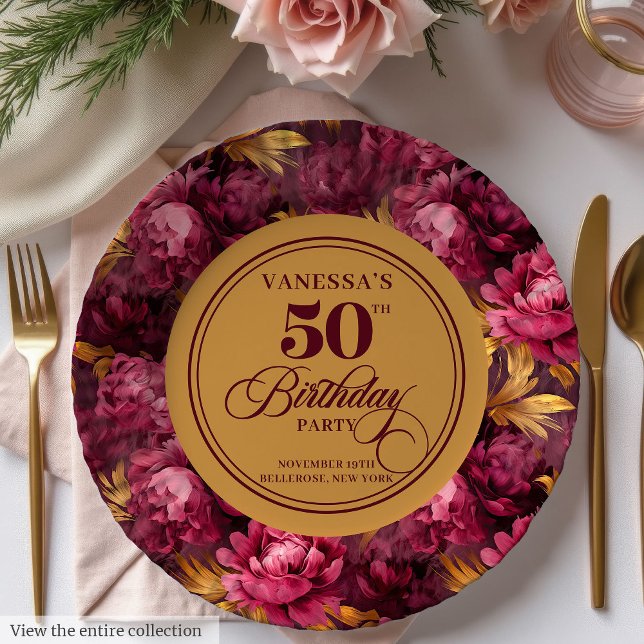 Assiette Moderne Bohème Rouge Bordeaux Doré pour 5 (Modern Boho Maroon Blush Gold 50th Birthday Plate)