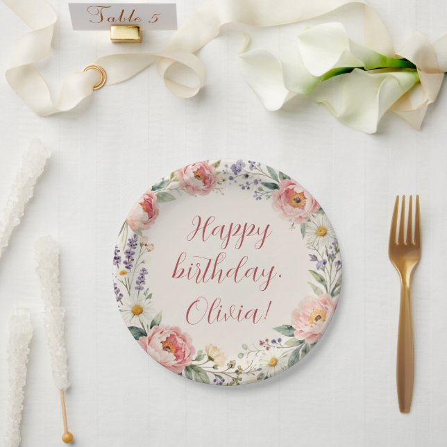 Assiette personnalisée Fleurs Joyeux Anniversaire (Mariage)