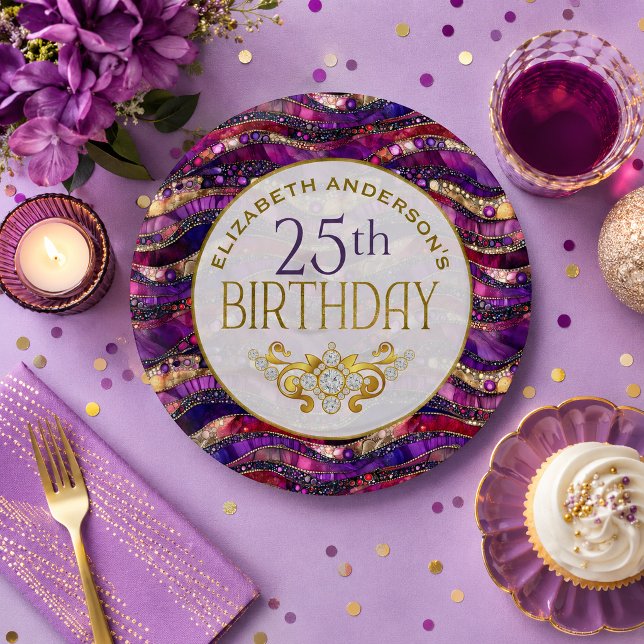 Assiette pour 25e anniversaire Strata Bijou Or et  (Purple and Gold Jeweled Strata Patterned Personalized 25th Birthday Paper Plates)