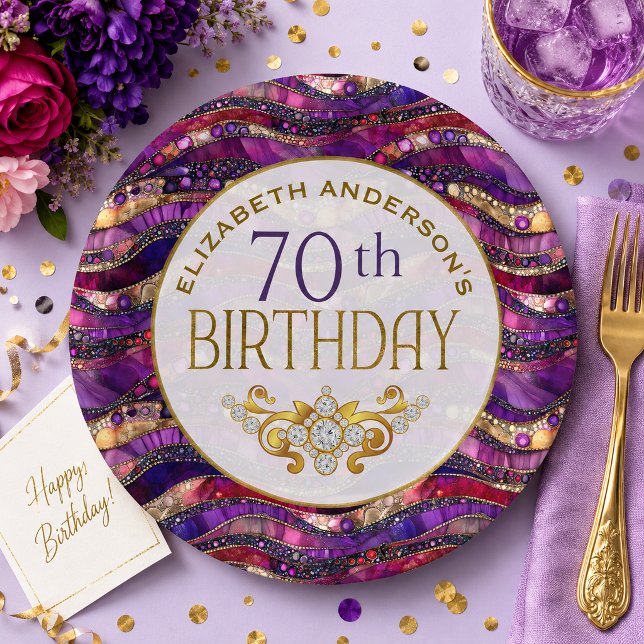 Assiette pour 70e anniversaire Strata Bijou Violet (Purple and gold jeweled strata patterned and personalized 70th birthday paper plates)