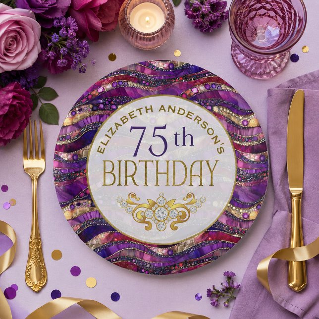 Assiette pour 75e anniversaire Strata Bijou Violet (Purple and Gold Jeweled Strata Patterned and Personalized 75th Birthday Paper Plates)