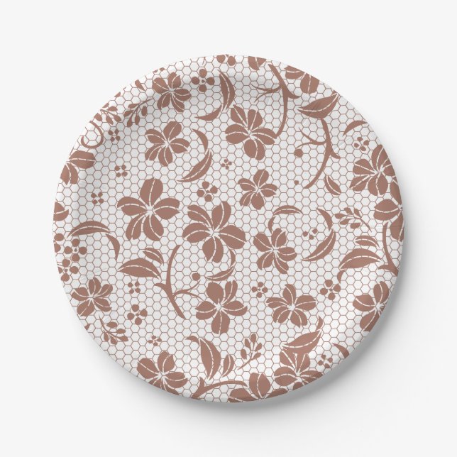 Assiette ronde avec un motif floral marron (Devant)