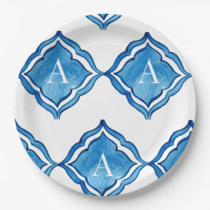 Assiette Ronde Monogramme en Carreau Bleu Cobalt M