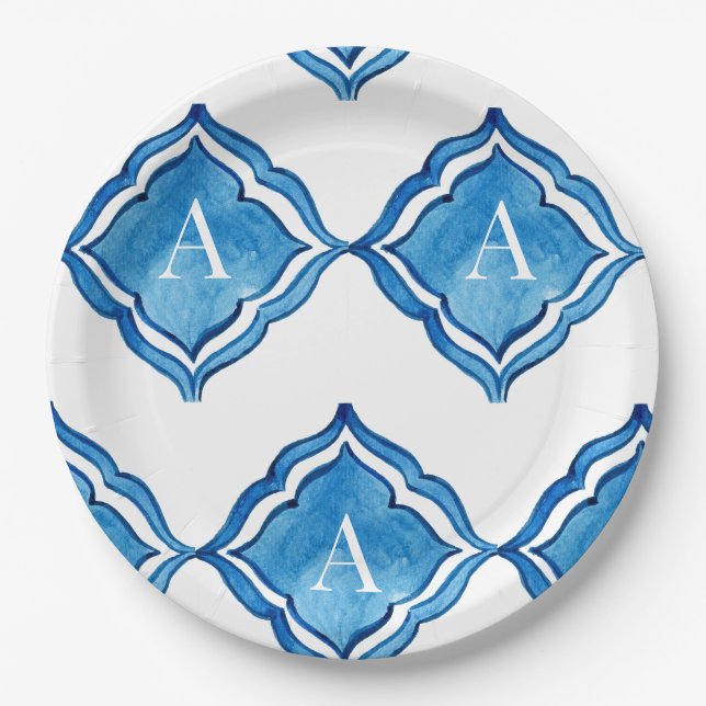 Assiette Ronde Monogramme en Carreau Bleu Cobalt M (Devant)
