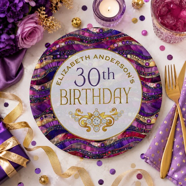 Assiette Strata 30e Anniversaire de naissance Viol (Purple and gold jeweled strata patterned and personalized 30th birthday paper plates.)
