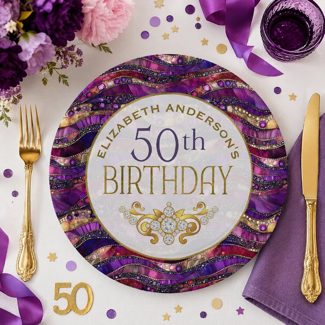 Assiette Strata Bijou Violet et Or pour 50e Annive (Purple and gold jeweled strata patterned and personalized 50th Birthday paper plates)