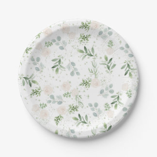 assiettes à fleurs - verdure et motif blanc