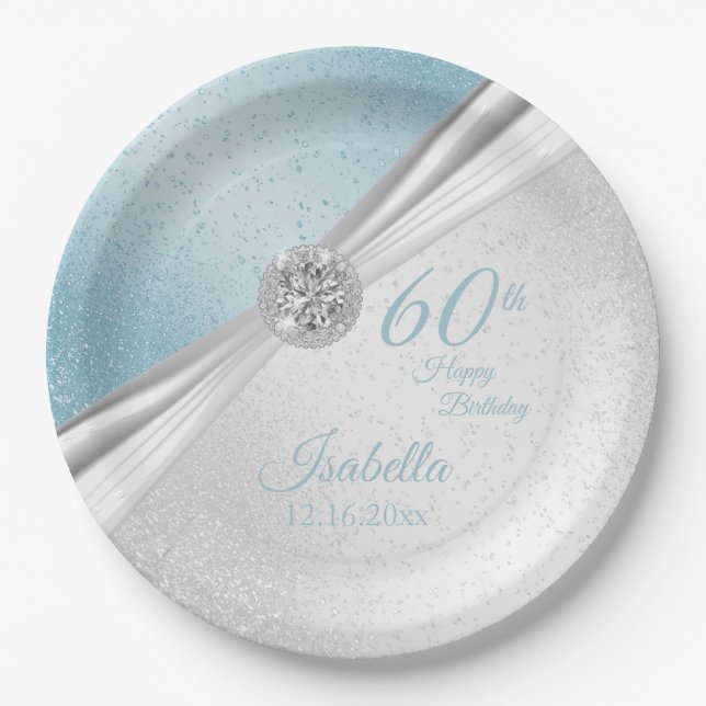 Assiettes En Carton 00e Anniversaire - Paillettes Bleues et Blanches (Devant)