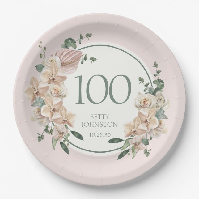 Assiettes En Carton 100e Anniversaire Floral Tropical (Devant)