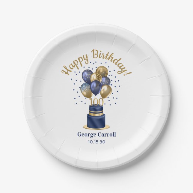 Assiettes En Carton 100e anniversaire Marine Blue Balloon Cake (Devant)