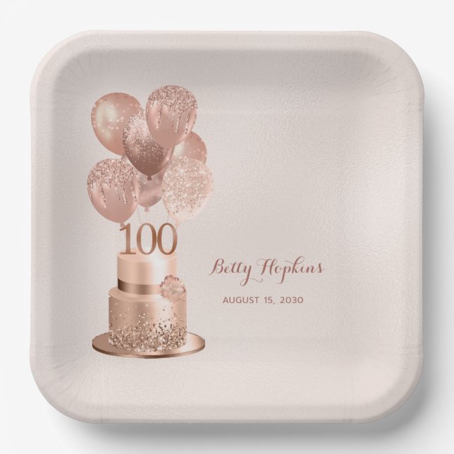 Assiettes En Carton 100e anniversaire Rose Gold Cake plaque papier (Recto)
