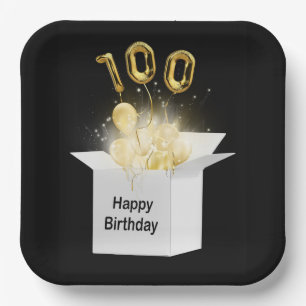 Assiettes En Carton 100e Ballons d'anniversaire en or en boîte blanche