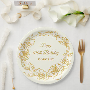 Assiettes En Carton 100e fête d'anniversaire Luxe Gold Rose Floral Ivo