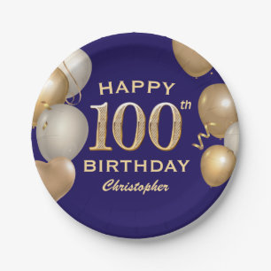 Assiettes En Carton 100e fête d'anniversaire Marine Bleu et Ballons d'