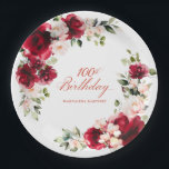 Assiettes En Carton 100e fête d'anniversaire Rouge rose floral personn<br><div class="desc">De jolies roses rouges et des pivoines roses rousses ornent cette plaque de papier sur mesure du 100e anniversaire. Deux belles compositions florales décorent deux côtés. Élégante calligraphie épelle le 100e anniversaire, Le nom du célébrant de l'anniversaire est ci-dessous. Cet article fait partie de la collection Red Rose and Pink...</div>