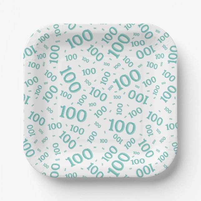 Assiettes En Carton 100e Motif de numéro aléatoire Turquoise/blanc (Recto)