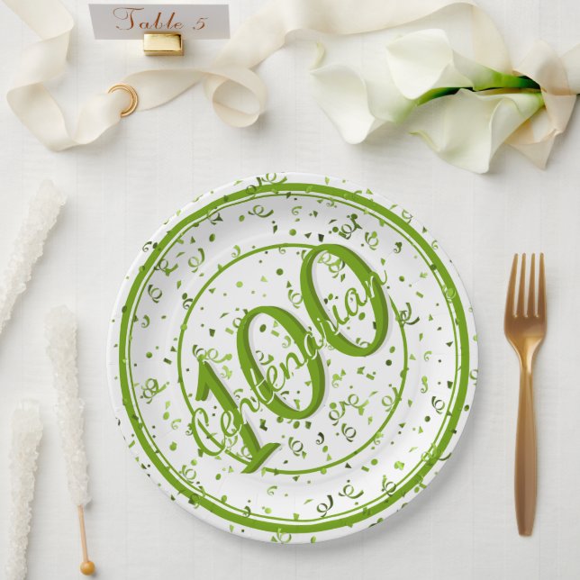 Assiettes En Carton 100e Soirée Centenaire Elégante Vert/Blanc (Mariage)
