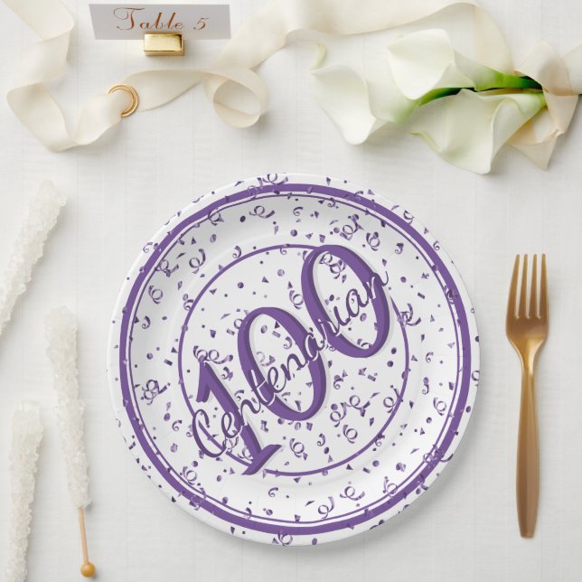 Assiettes En Carton 100ème Soirée Centenaire Purple/Blanc (Mariage)
