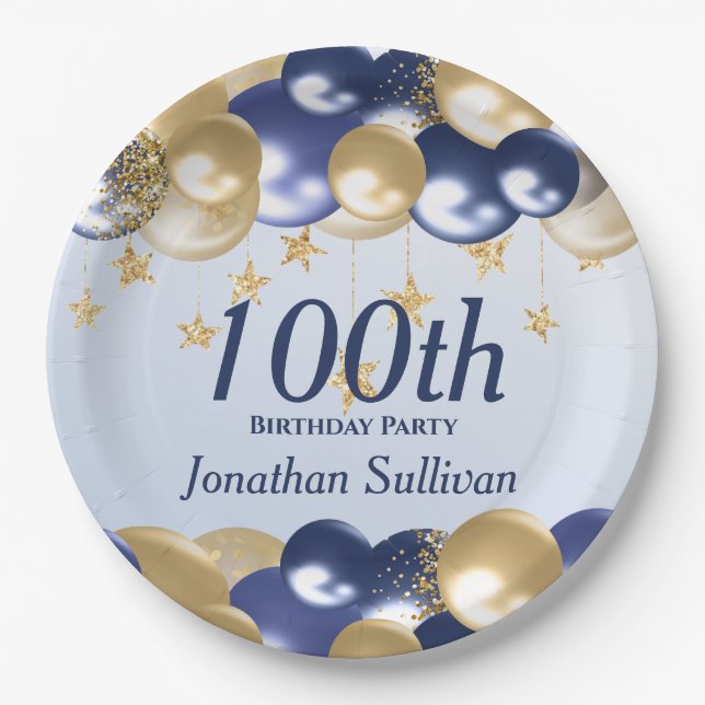 Assiettes En Carton 100th Birthday Navy Gold Balloons Party (Devant)