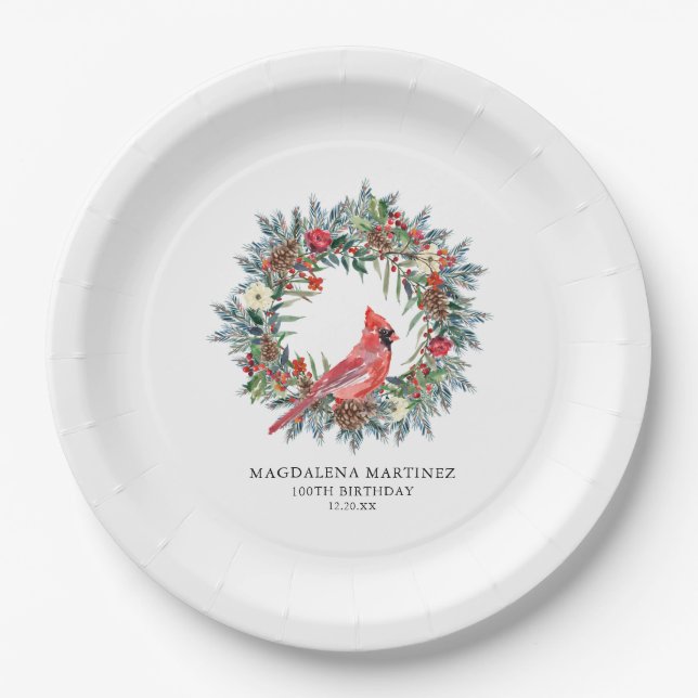 Assiettes En Carton 100th Birthday Party Red Cardinal Wreath Custom (Devant)