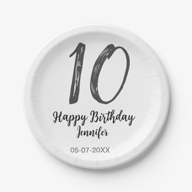 Assiettes En Carton 10e anniversaire ajouter nom date année noire modè (Devant)