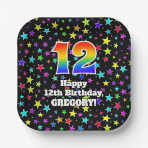Assiettes En Carton 12e anniversaire : Fun Stars Motif et Rainbow "12"