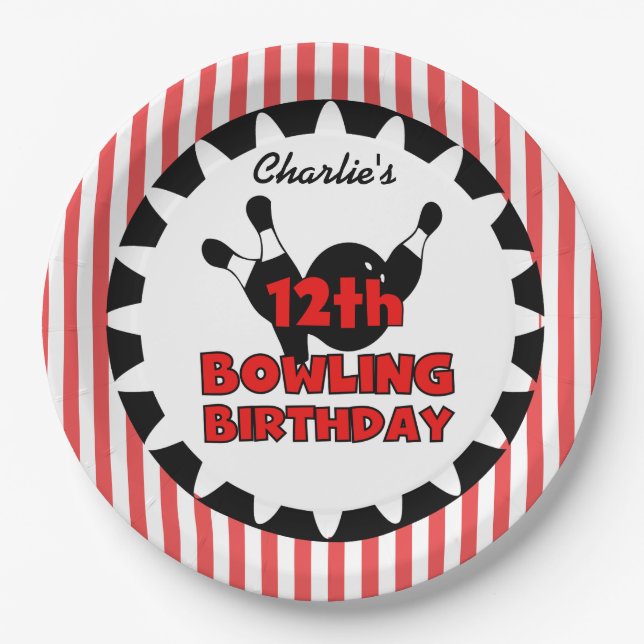 Assiettes En Carton 12e Bowling Sports Joyeux anniversaire (Devant)