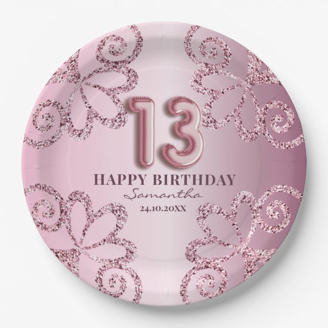 Assiettes En Carton 13e anniversaire Pink Princess Parties scintillant (Devant)