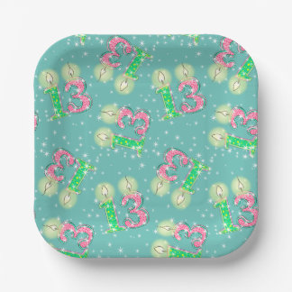 Assiettes En Carton 13e anniversaire vert et rose