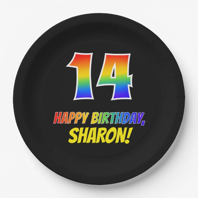 Assiettes En Carton 14e anniversaire : Bold, amusant, simple, arc-en-c (Devant)