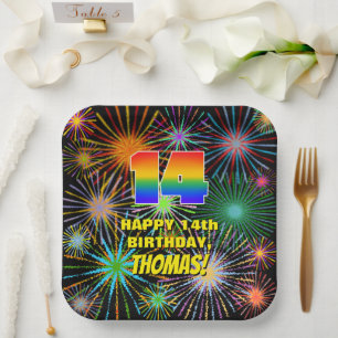 Assiettes En Carton 14e anniversaire : Feu d'artifice coloré et amusan