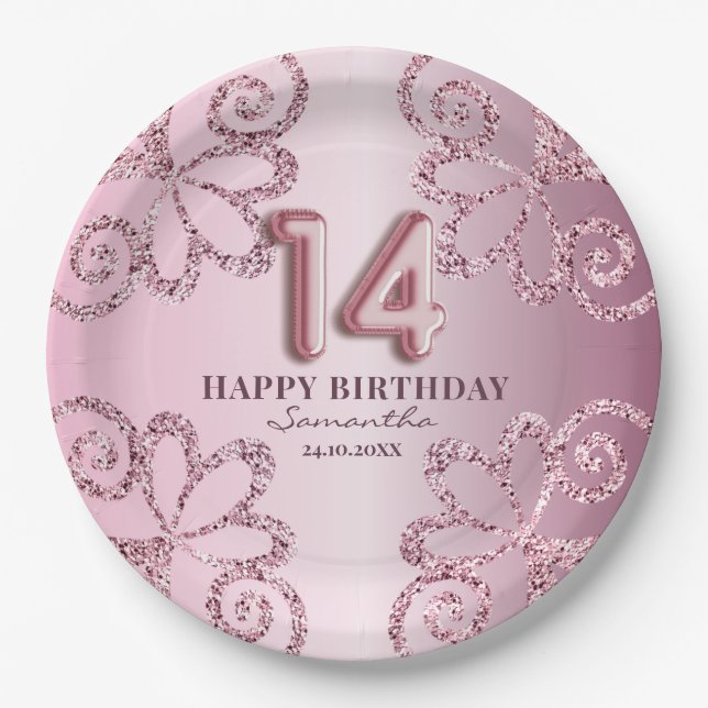 Assiettes En Carton 14e anniversaire Pink Princess Parties scintillant (Devant)